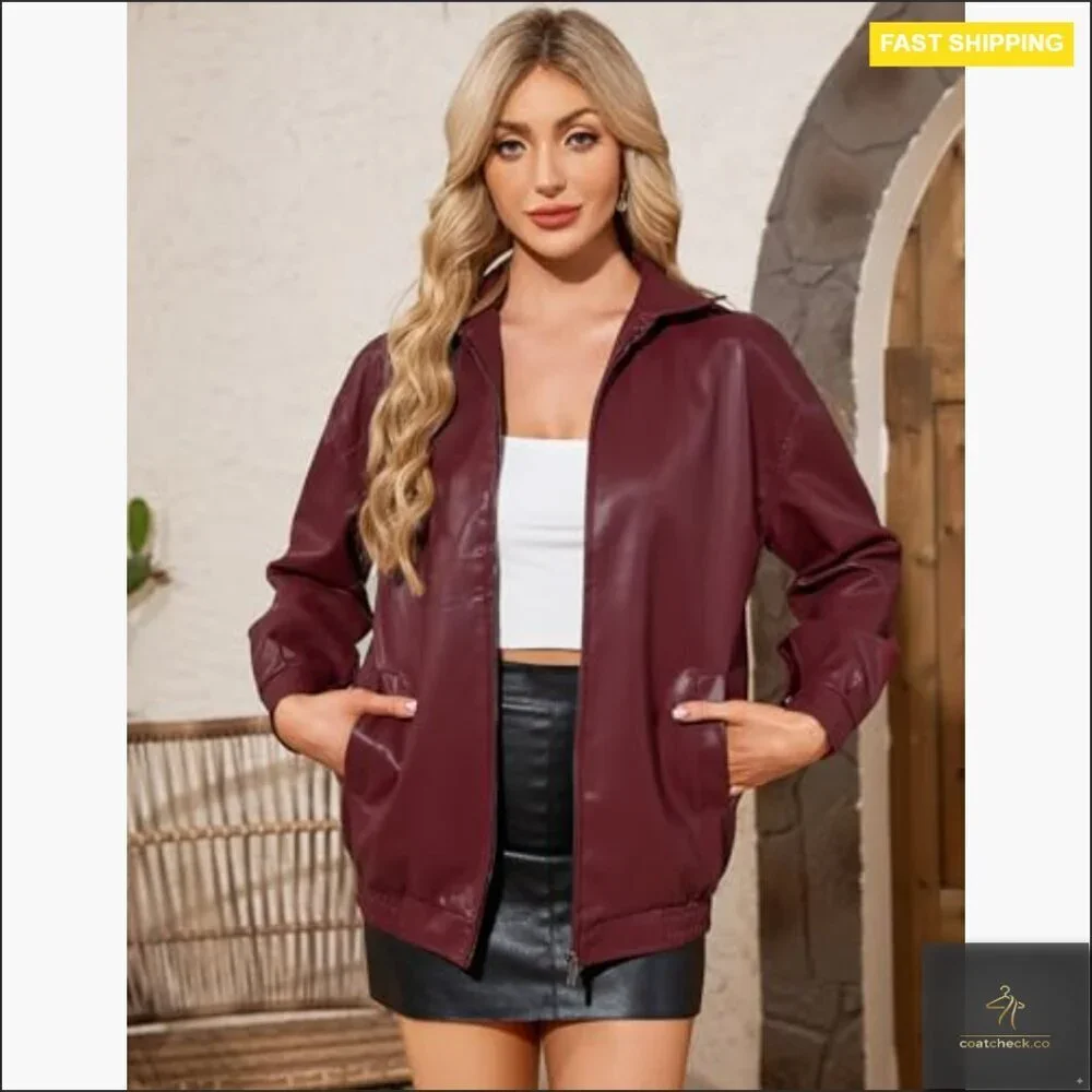 Oversized Faux Leather Bomber Jacket Motorcycle Style with Pockets